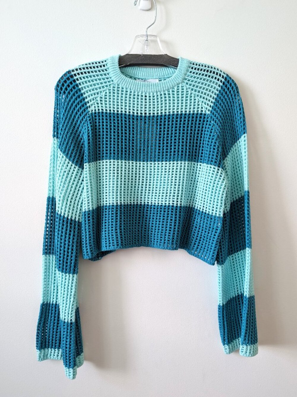 NWT ZARA Girls Teal Striped Open Knit Sweater | Size 13-14 Years